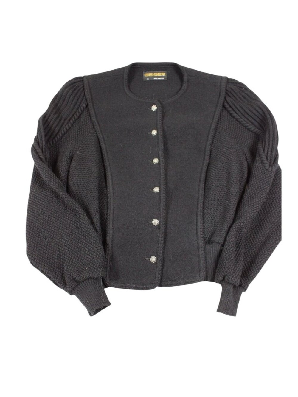 Geiger Black Wool-Blend Austrian Button Cardigan With Textured Knit Sleeves
